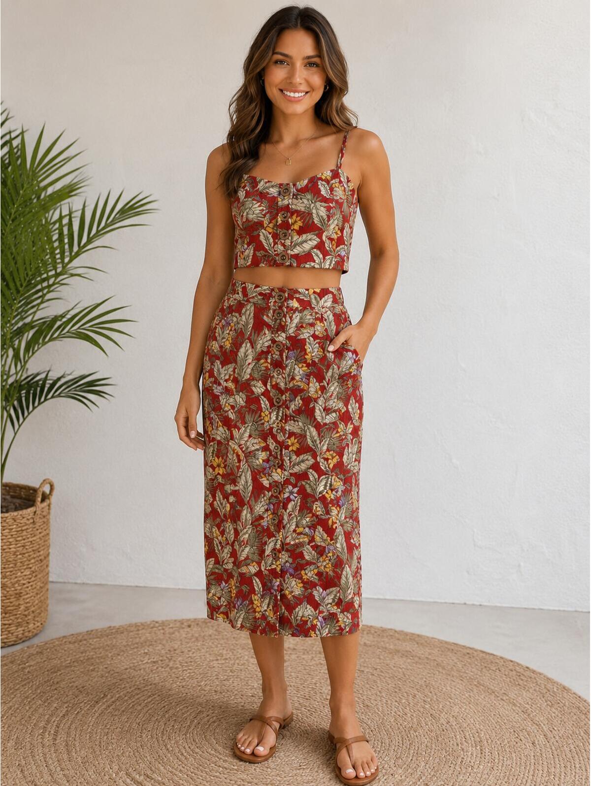 Old Navy Tropical Floral Two Piece Red Cami & Button Front Straight Midi Skirt